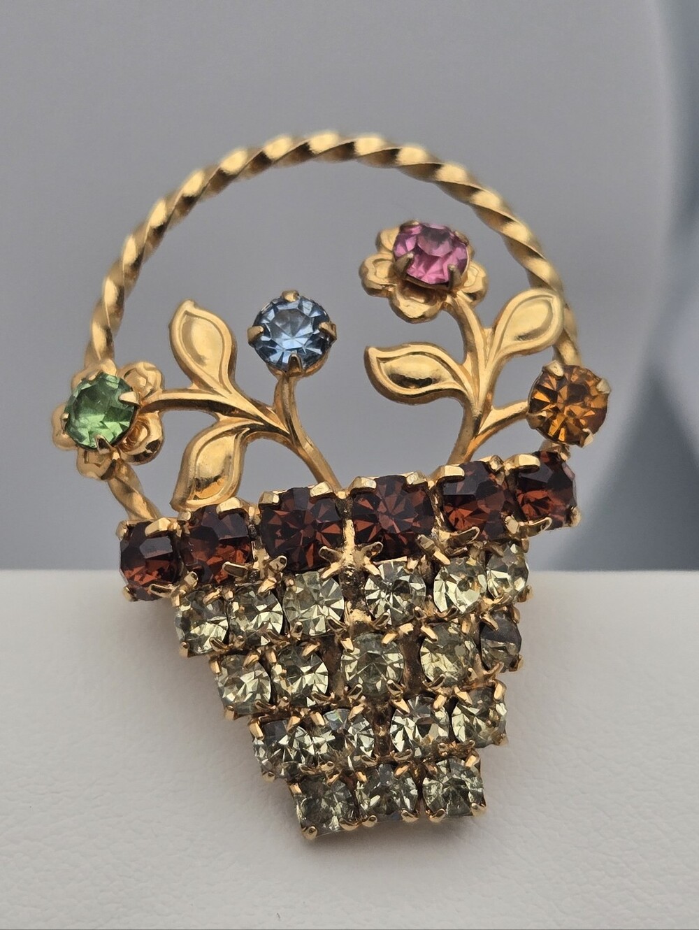 Vintage Rhinestone Flower Basket Brooch Gold Tone Multi Color Pin 1.5”